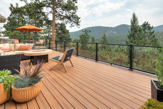 Modern patio, with seating, fire pit and mountain view.