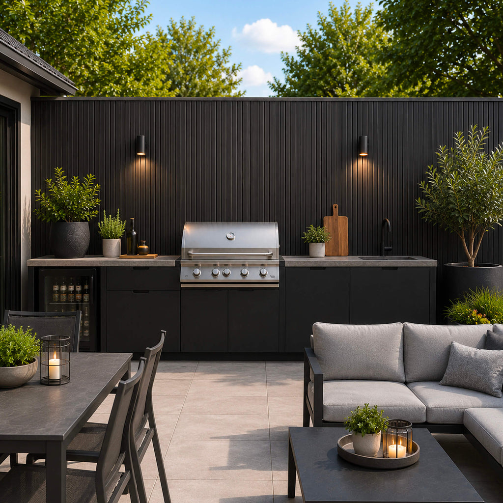 Modern outdoor patio setting with outdoor bbq dining furniture with a Charcoal outdoor slat wall cladding. 