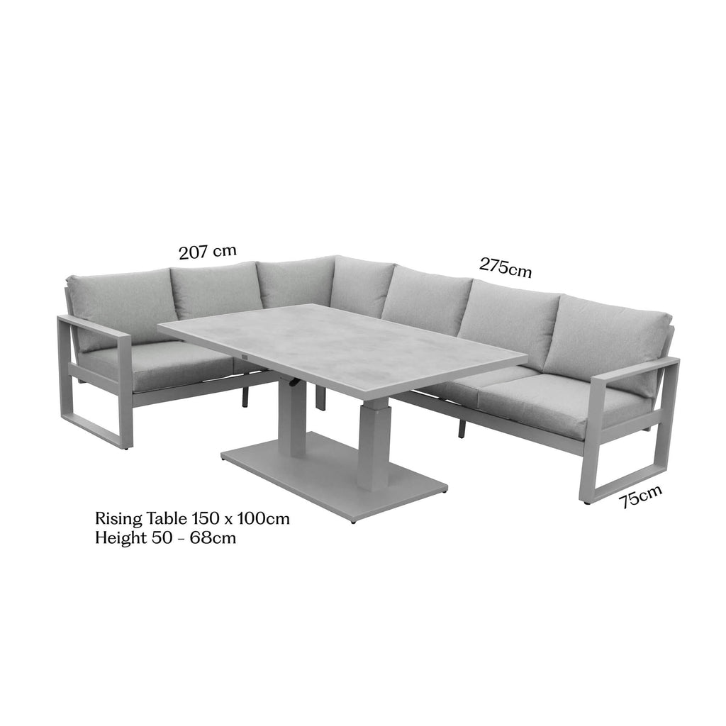 Como L-Shaped outdoor furniture corner set with dimensions on a white background.