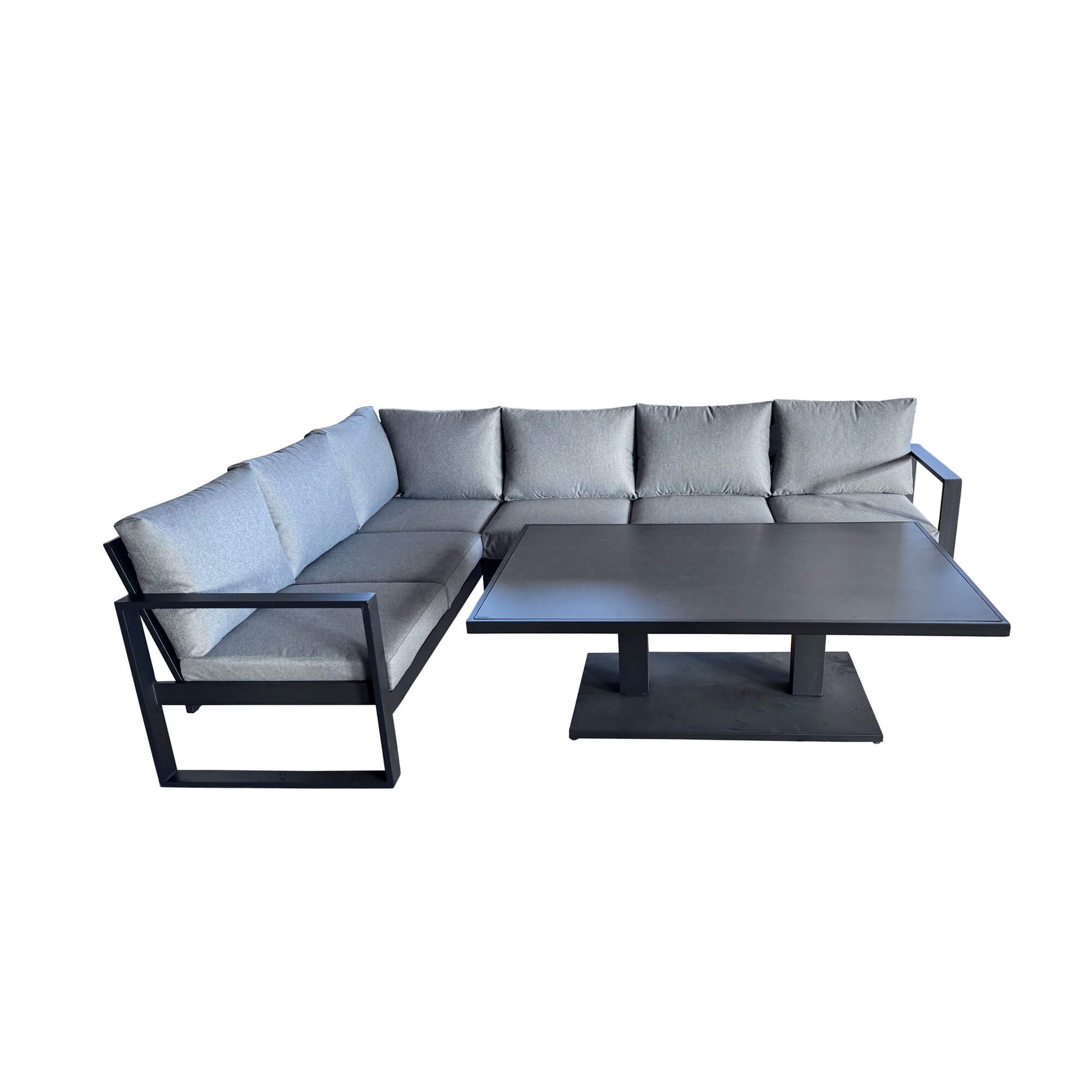Como dark grey L-shaped outdoor furniture corner set on a white background.