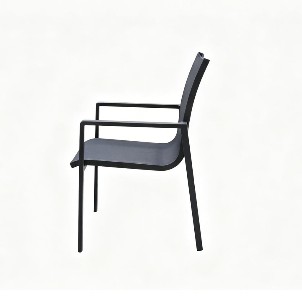 Side view of the Garda dark grey outdoor dining seat on a white background.