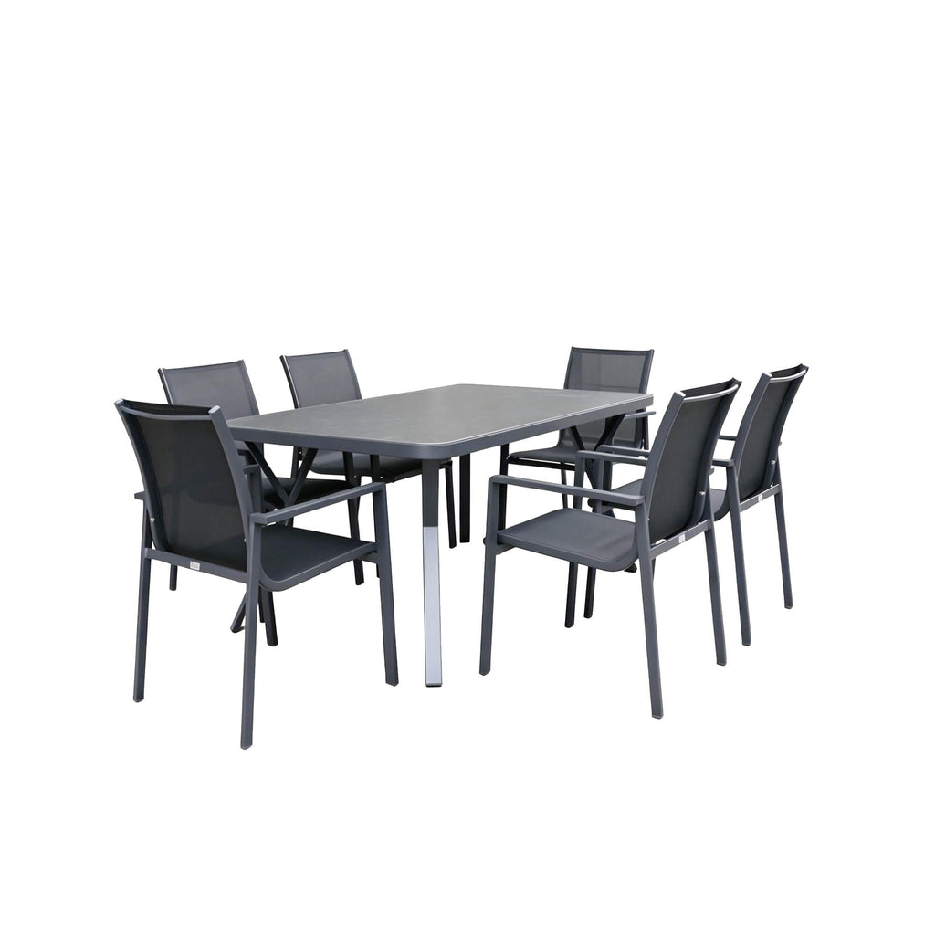 Angled view of the Garda dark grey outdoor dining set on a white background.