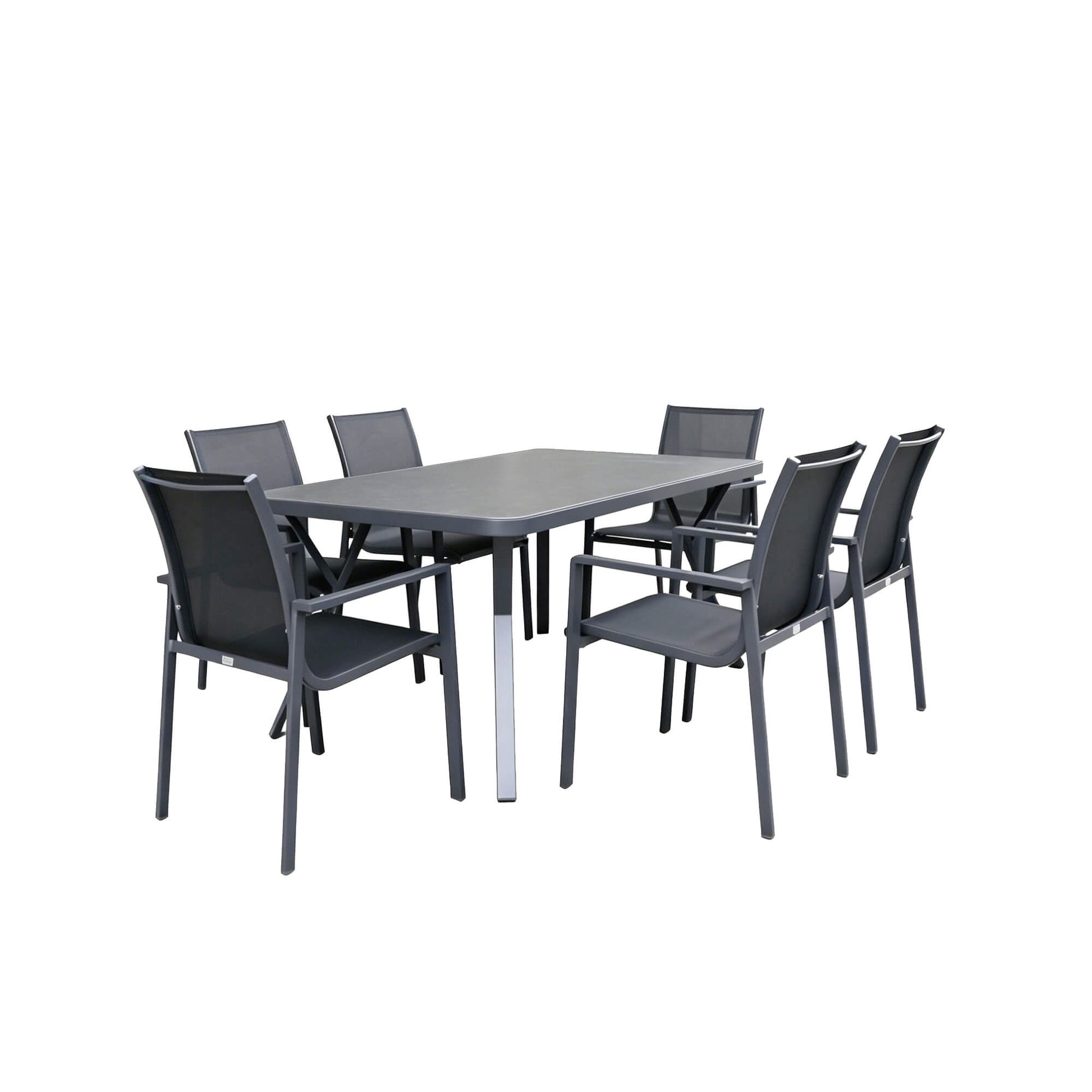 Angled view of the Garda dark grey outdoor dining set on a white background.
