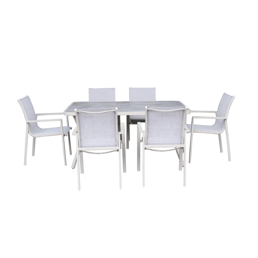 Garda Stone outdoor dining furniture set on a solid white background.
