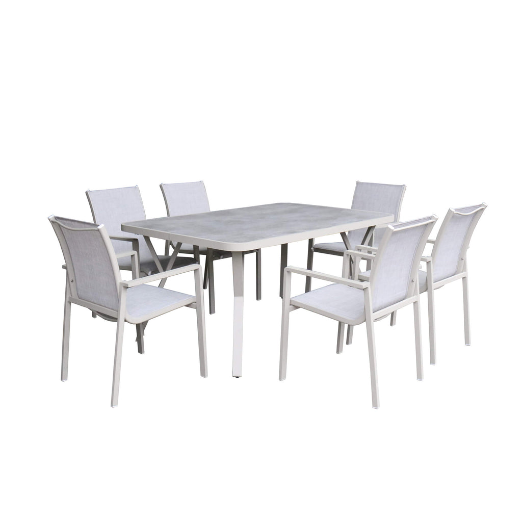 Garda Stone outdoor dining set with a table and six chairs on a white background.