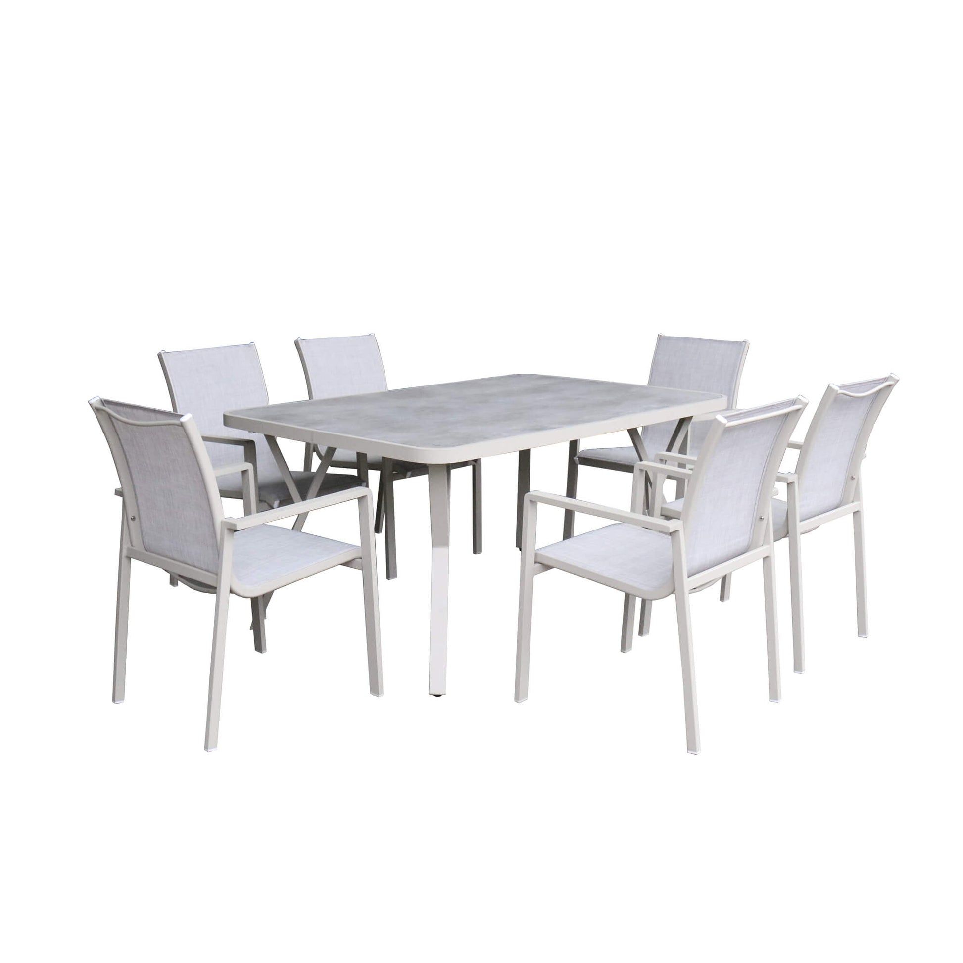 Garda Stone outdoor dining set with a table and six chairs on a white background.