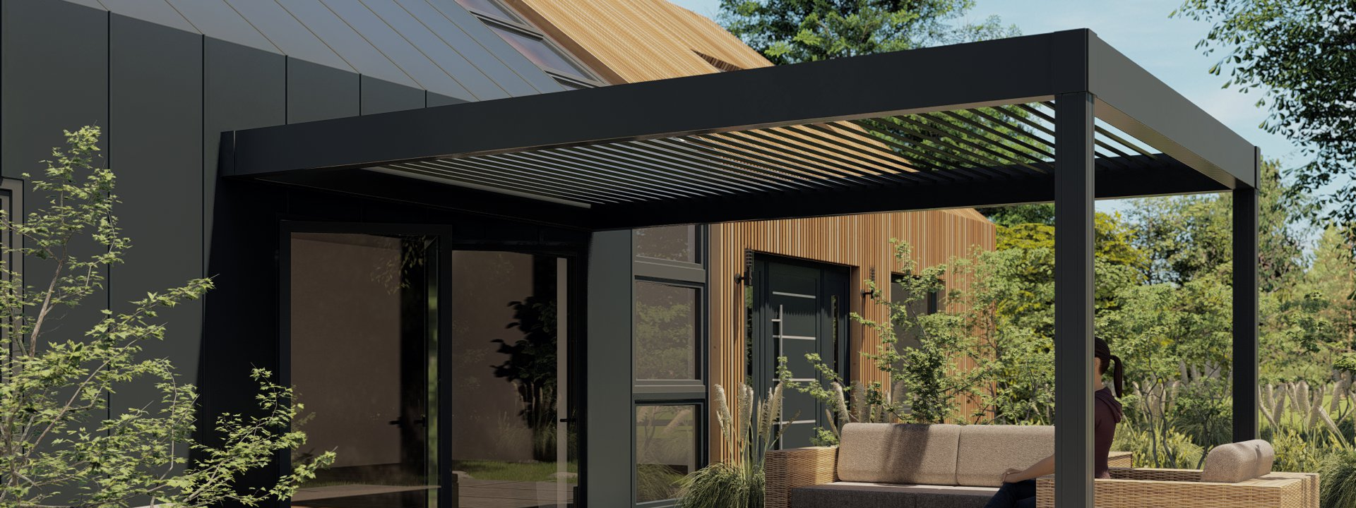 Modern patio with black pergola, wood-and-metal house, and outdoor seating.