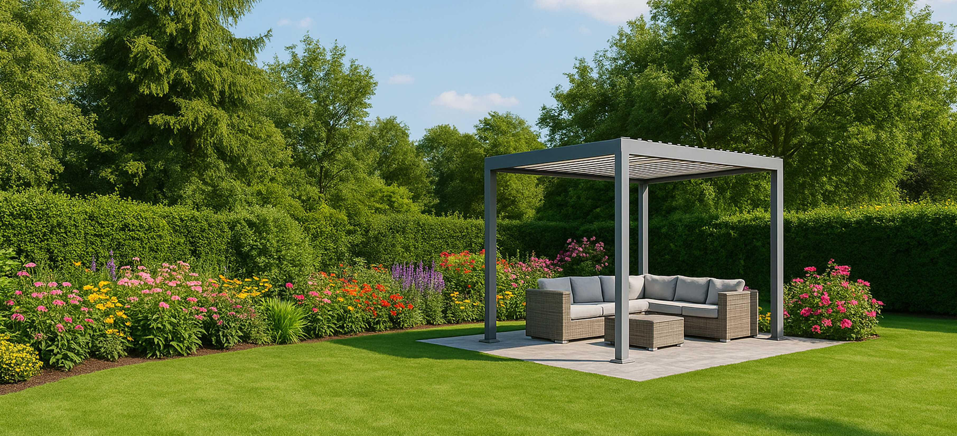 Patio with pergola and outdoor furniture surrounded by greenery